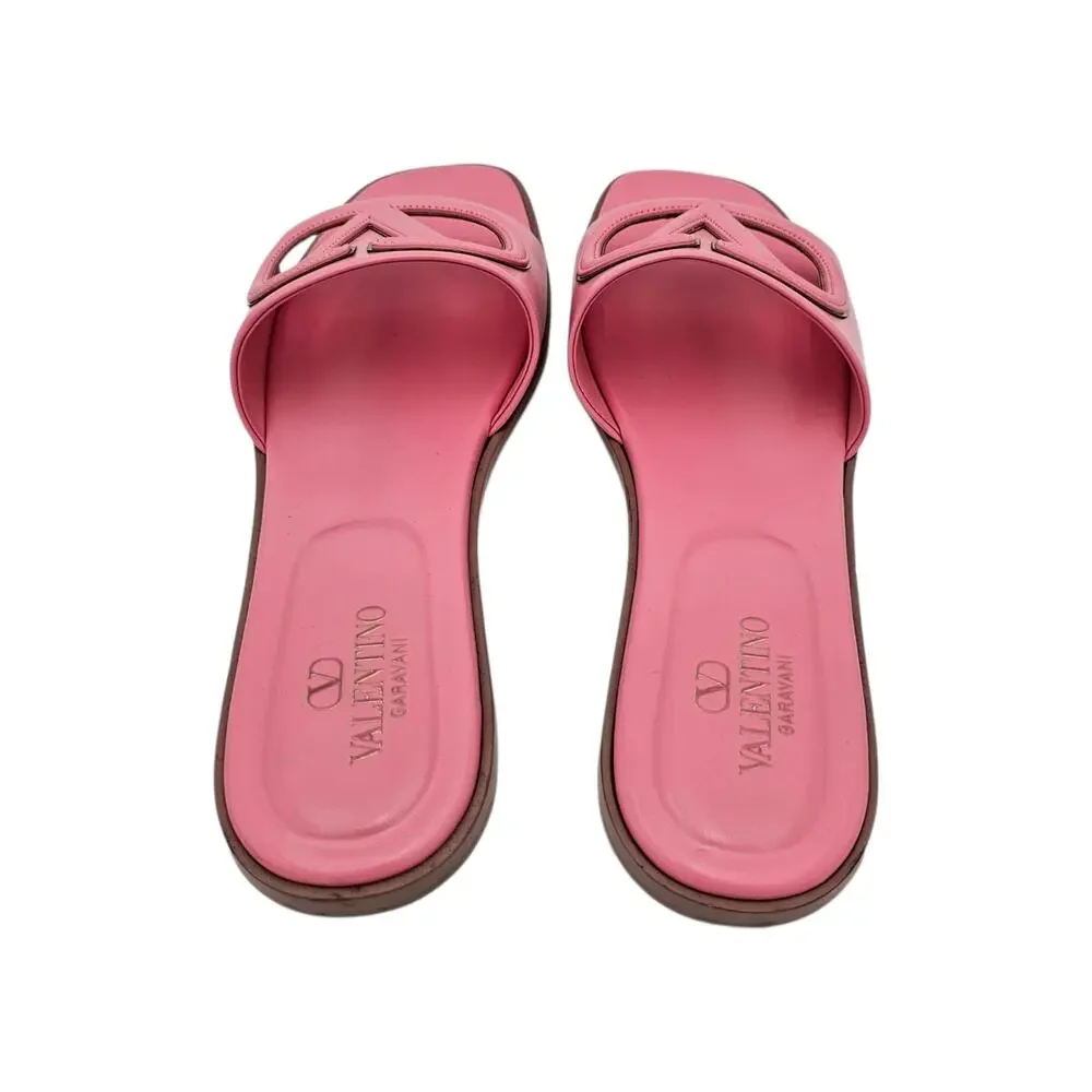 Valentino Garavani VLogo Flat Slide Sandal Pink Leather Logo Cut Out Size 39 9